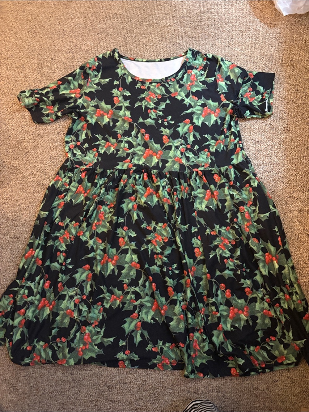 Que Black Midi Dress with Green Holly and Red Berry Print